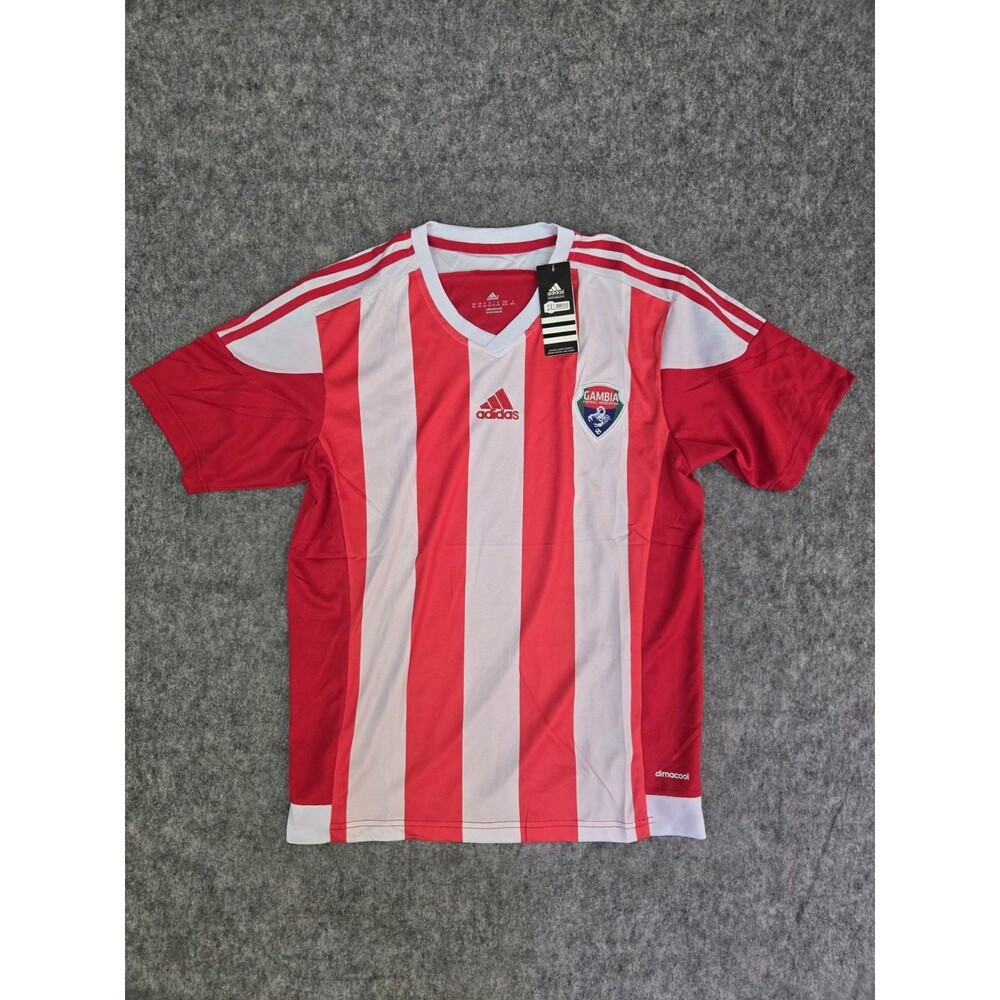 New Adidas Gambia Mens Soccer Futbol Jersey Sz 2XL Red White Stripe Climacool